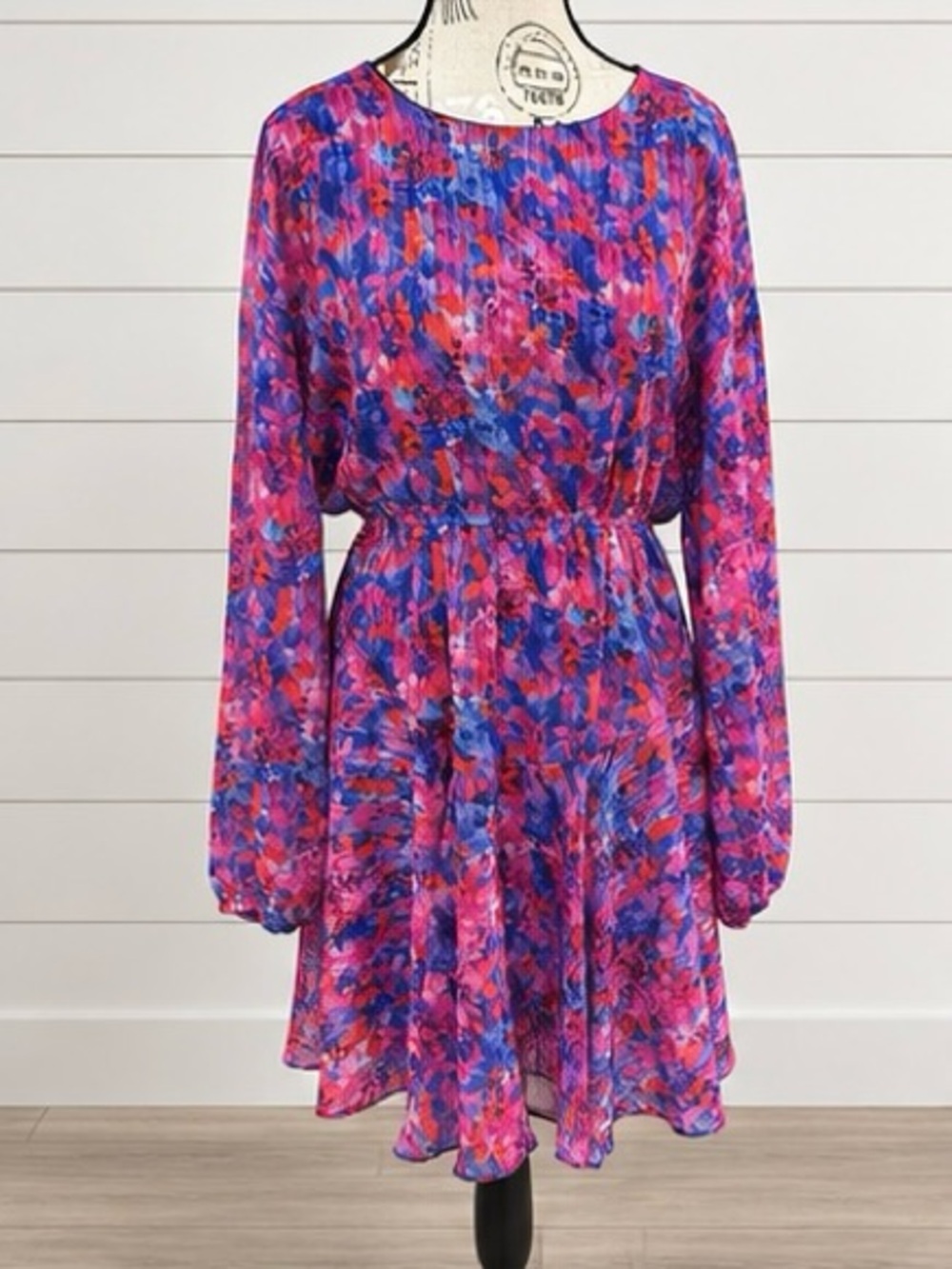 Skies Are Blue Dress M Multicolor Abstract Floral Long Sleeve Elastic Waist